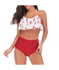 Lotus Leaf Edge Design Split Bikini Fashion Women Swimwear - White and Red