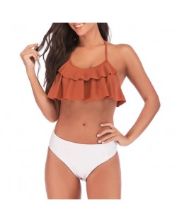 Lotus Leaf Edge Design Split Bikini Fashion Women Swimwear - Brown and White