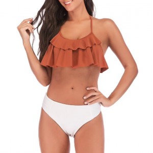 Lotus Leaf Edge Design Split Bikini Fashion Women Swimwear - Brown and White