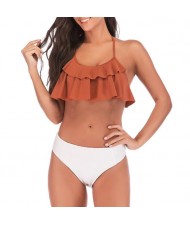 Lotus Leaf Edge Design Split Bikini Fashion Women Swimwear - Brown and White