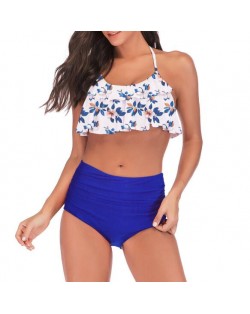 Lotus Leaf Edge Design Split Bikini Fashion Women Swimwear - Blue and White