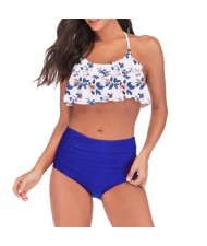 Lotus Leaf Edge Design Split Bikini Fashion Women Swimwear - Blue and White