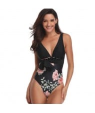 Flower Printing One-piece Design Fashion Women Swimwear - Black