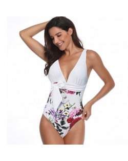 Flower Printing One-piece Design Fashion Women Swimwear - White