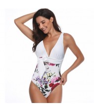 Flower Printing One-piece Design Fashion Women Swimwear - White