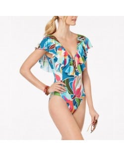 Flowers Printing Lotus Leaf Edge One-piece Design Bikini Fashion Women Swimwear