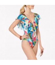 Flowers Printing Lotus Leaf Edge One-piece Design Bikini Fashion Women Swimwear