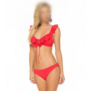 Lotus Leaf Edge Split with Bandage Design Bikini Fashion Women Swimwear - Red