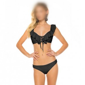 Lotus Leaf Edge Split with Bandage Design Bikini Fashion Women Swimwear - Black