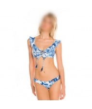 Lotus Leaf Edge Split with Bandage Design Bikini Fashion Women Swimwear - Blue Flower