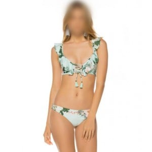 Lotus Leaf Edge Split with Bandage Design Bikini Fashion Women Swimwear - Green Flower