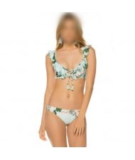 Lotus Leaf Edge Split with Bandage Design Bikini Fashion Women Swimwear - Green Flower