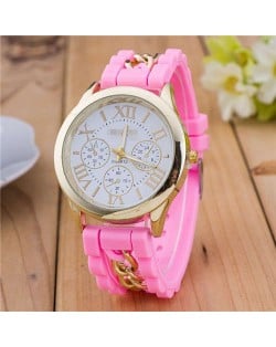 Simple Design Chain Decorated Women Wrist Watch - Pink