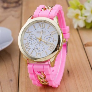 Simple Design Chain Decorated Women Wrist Watch - Pink