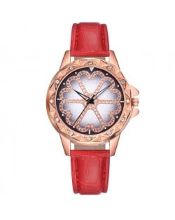 8 Colors Available Rhinestone Embellished Floral Pattern Index Design Leather Wrist Watch