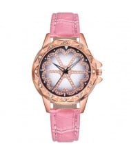 8 Colors Available Rhinestone Embellished Floral Pattern Index Design Leather Wrist Watch