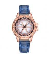 8 Colors Available Rhinestone Embellished Floral Pattern Index Design Leather Wrist Watch