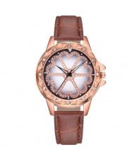 8 Colors Available Rhinestone Embellished Floral Pattern Index Design Leather Wrist Watch
