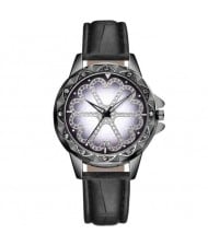 8 Colors Available Rhinestone Embellished Floral Pattern Index Design Leather Wrist Watch