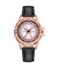 8 Colors Available Rhinestone Embellished Floral Pattern Index Design Leather Wrist Watch