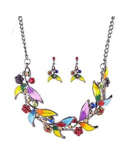 Graceful Oil-spot Glazed Leaves and Flower Design Fashion Costume Necklace and Earrings Set - Multicolor