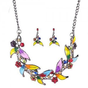 Graceful Oil-spot Glazed Leaves and Flower Design Fashion Costume Necklace and Earrings Set - Multicolor