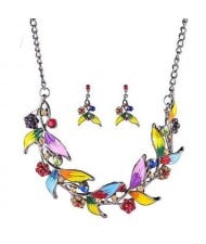 Graceful Oil-spot Glazed Leaves and Flower Design Fashion Costume Necklace and Earrings Set - Multicolor