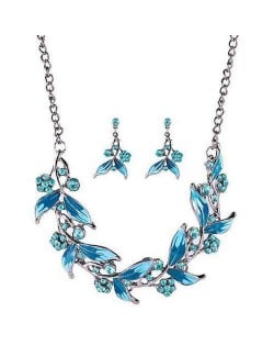 Graceful Oil-spot Glazed Leaves and Flower Design Fashion Costume Necklace and Earrings Set - Blue