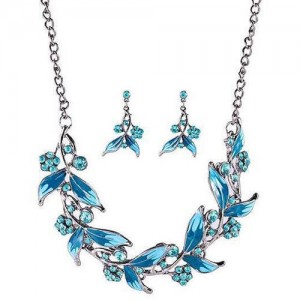 Graceful Oil-spot Glazed Leaves and Flower Design Fashion Costume Necklace and Earrings Set - Blue