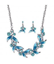 Graceful Oil-spot Glazed Leaves and Flower Design Fashion Costume Necklace and Earrings Set - Blue