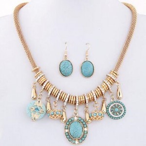Blue Turquoise Assorted Pendants Bohemian Fashion Necklace and Earrings Set