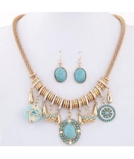 Blue Turquoise Assorted Pendants Bohemian Fashion Necklace and Earrings Set