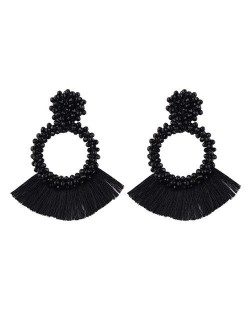 Weaving Beads Hoop with Cotton Threads Tassel Design Fashion Earrings - Black