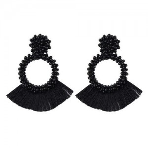 Weaving Beads Hoop with Cotton Threads Tassel Design Fashion Earrings - Black