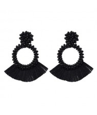 Weaving Beads Hoop with Cotton Threads Tassel Design Fashion Earrings - Black