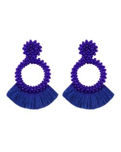 Weaving Beads Hoop with Cotton Threads Tassel Design Fashion Earrings - Blue