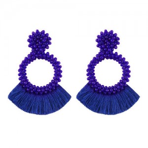 Weaving Beads Hoop with Cotton Threads Tassel Design Fashion Earrings - Blue