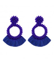 Weaving Beads Hoop with Cotton Threads Tassel Design Fashion Earrings - Blue