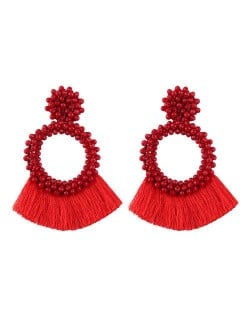 Weaving Beads Hoop with Cotton Threads Tassel Design Fashion Earrings - Red