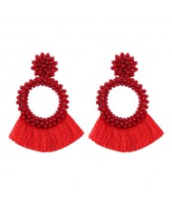 Weaving Beads Hoop with Cotton Threads Tassel Design Fashion Earrings - Red