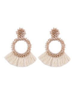 Weaving Beads Hoop with Cotton Threads Tassel Design Fashion Earrings - White