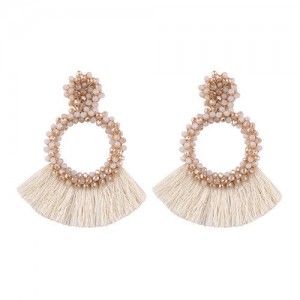Weaving Beads Hoop with Cotton Threads Tassel Design Fashion Earrings - Beige