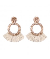 Weaving Beads Hoop with Cotton Threads Tassel Design Fashion Earrings - White