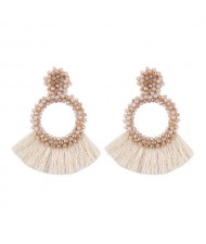 Weaving Beads Hoop with Cotton Threads Tassel Design Fashion Earrings - Beige