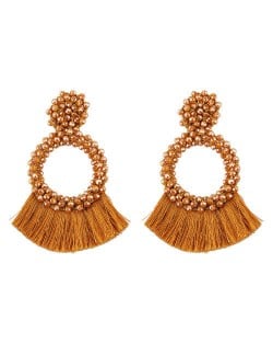 Weaving Beads Hoop with Cotton Threads Tassel Design Fashion Earrings - Brown