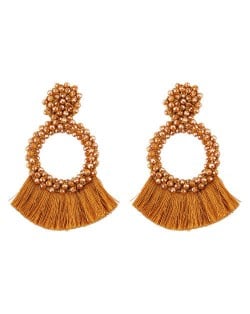 Weaving Beads Hoop with Cotton Threads Tassel Design Fashion Earrings - Brown