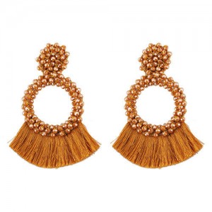 Weaving Beads Hoop with Cotton Threads Tassel Design Fashion Earrings - Brown