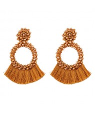 Weaving Beads Hoop with Cotton Threads Tassel Design Fashion Earrings - Brown