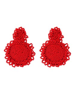 Bohemian Fashion Mini Beads Weaving Round Pendant Design Women Statement Earrings - Red