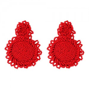 Bohemian Fashion Mini Beads Weaving Round Pendant Design Women Statement Earrings - Red